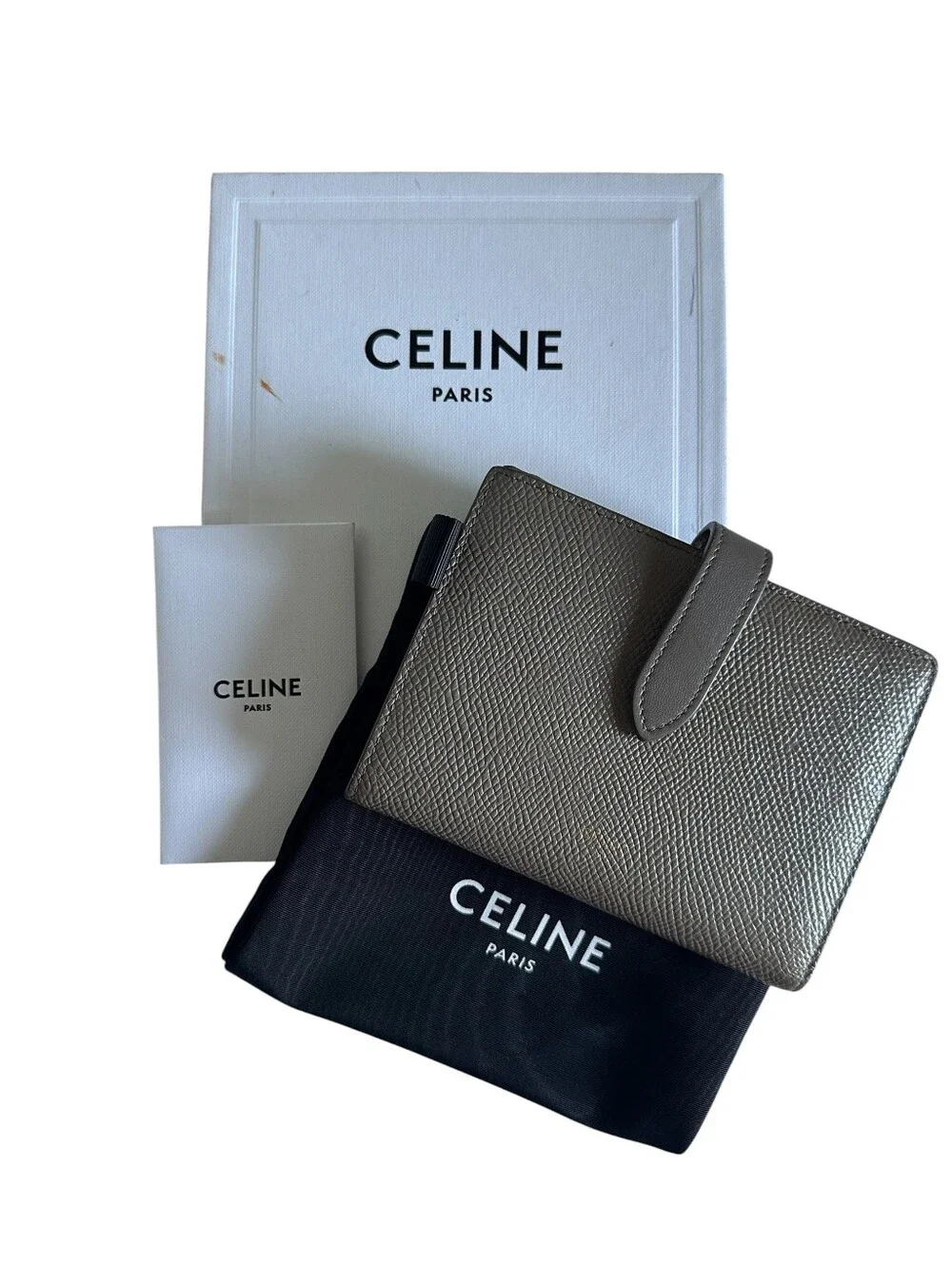 Celine Medium Strap Wallet Pebble Grained Calfskin Leather Wallet Box Dust Bag - Picture 1 of 13